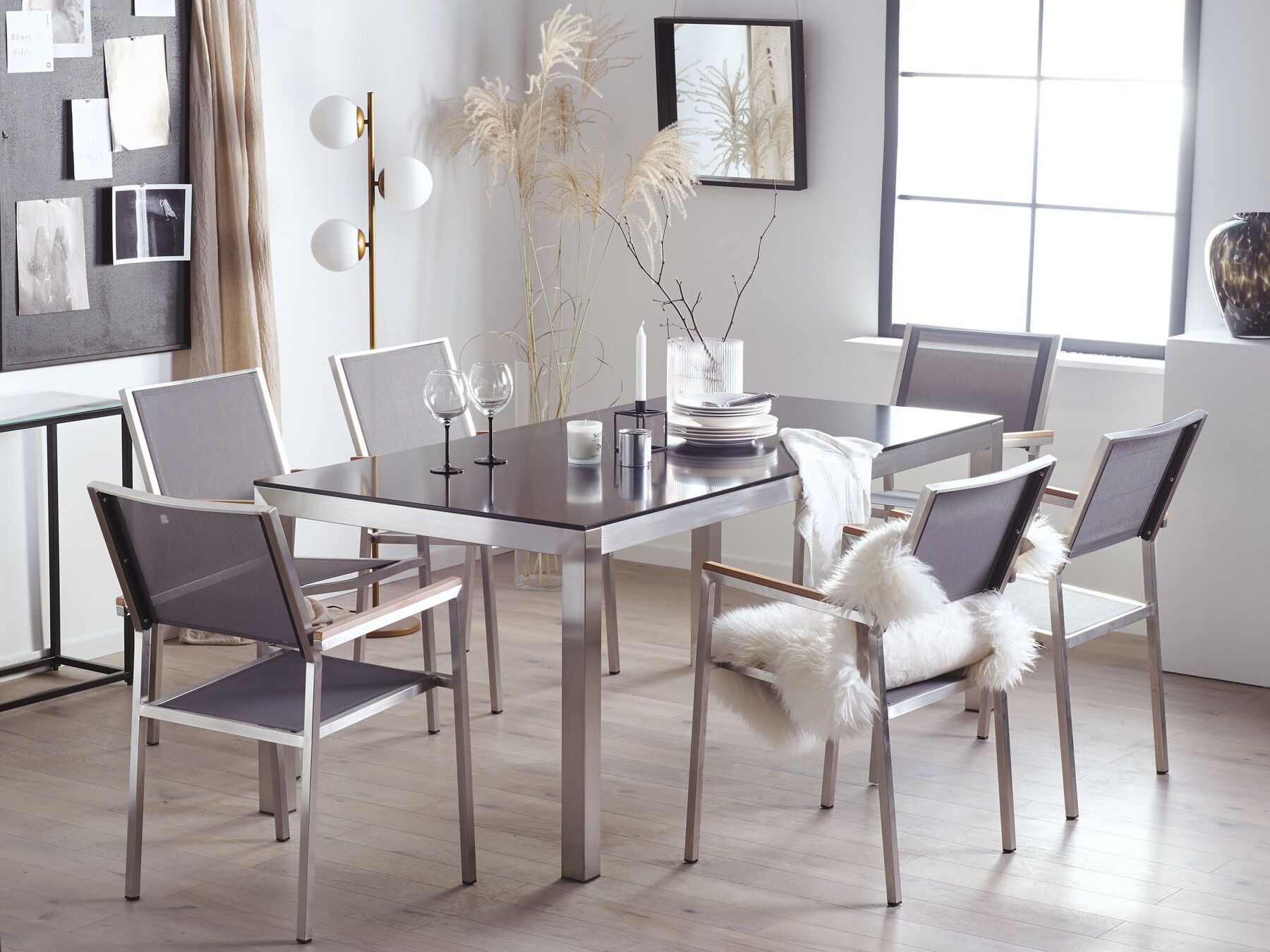 Garden Dining Set 6 Seater GROSSETO Tempered Glass Grey/ Black