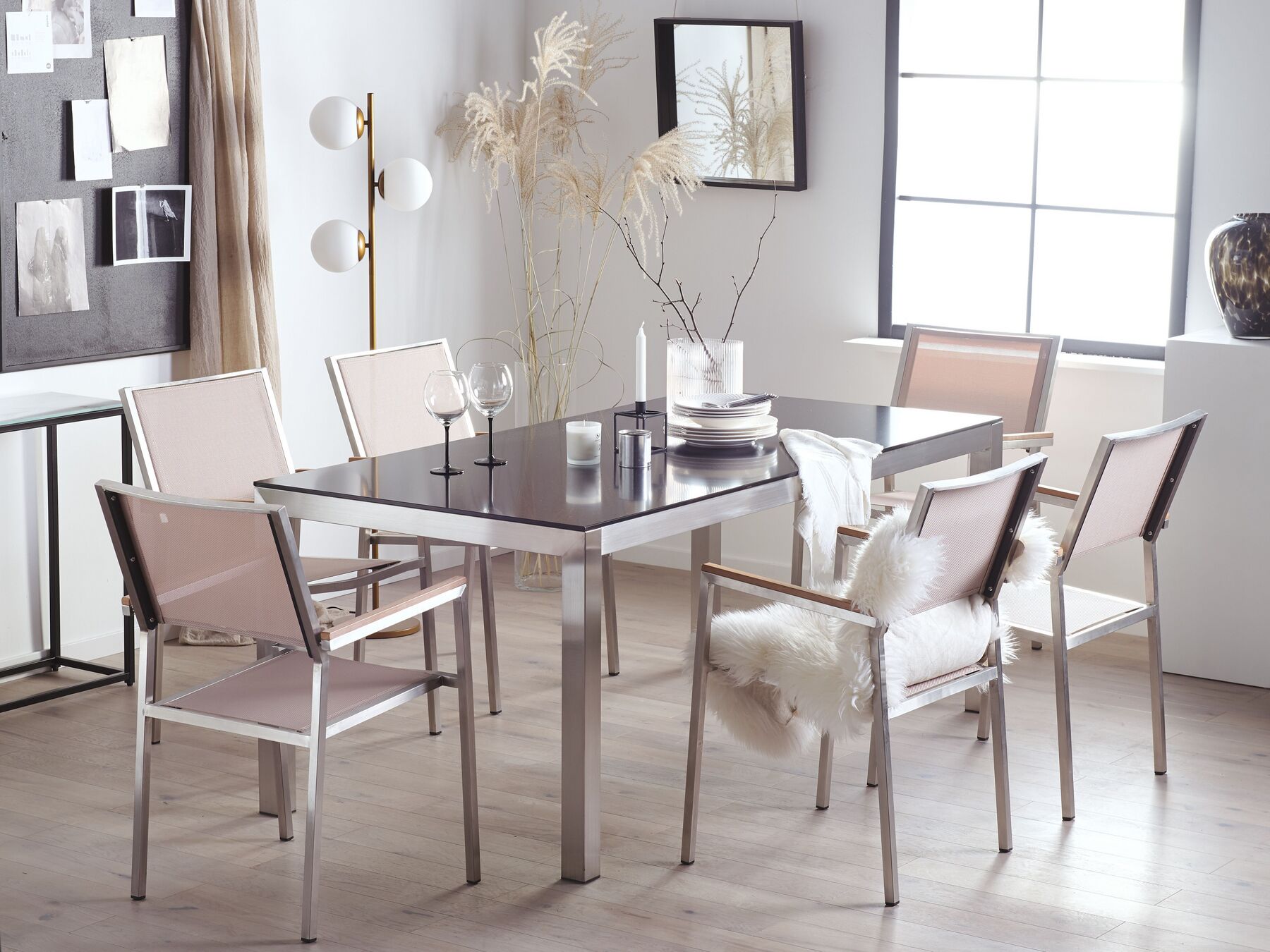 Garden Dining Set 6 Seater GROSSETO Tempered Glass Black/ Beige