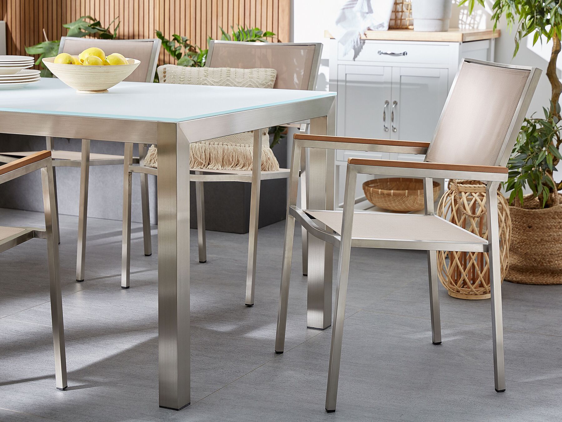 Garden Dining Set 6 Seater GROSSETO Triple Plate Granite Polished Grey/ Beige