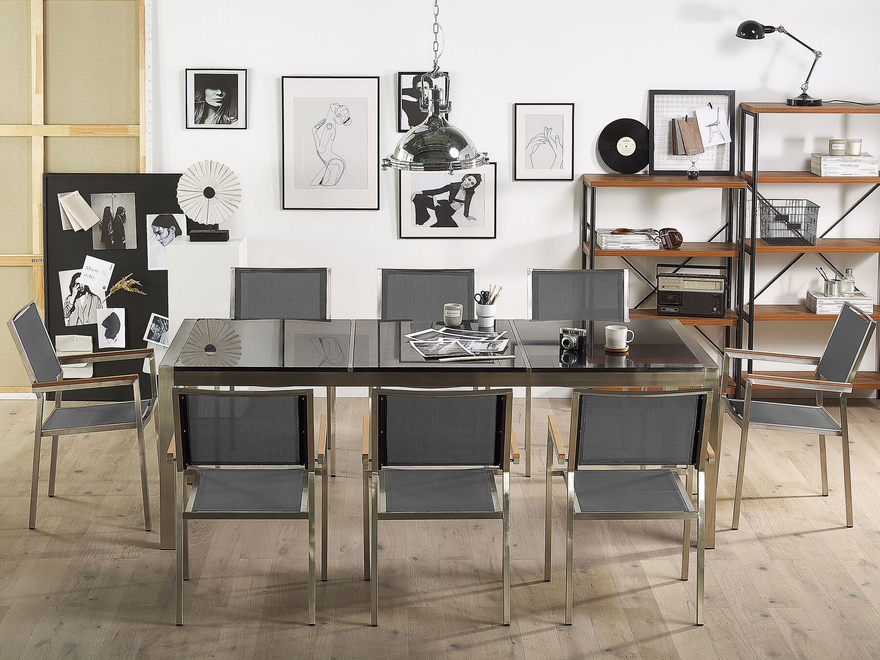 8 Seater Garden Dining Set Black Granite Triple Plate Top and Grey Chairs GROSSETO
