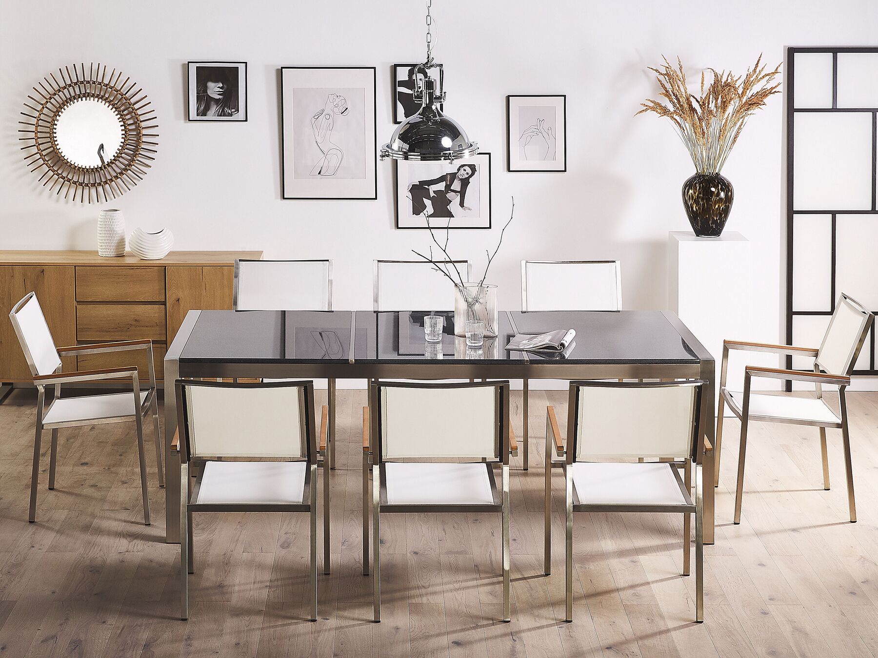 Garden Dining Set 8 Seater GROSSETO Triple Plate Granite Polished Grey/ White