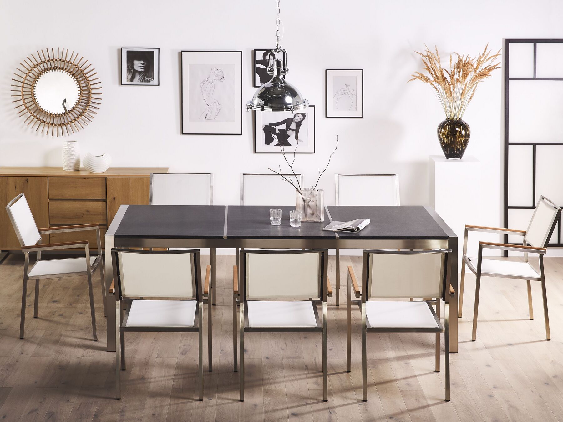Garden Dining Set 8 Seater GROSSETO Triple Plate Granite Flamed Black/ White