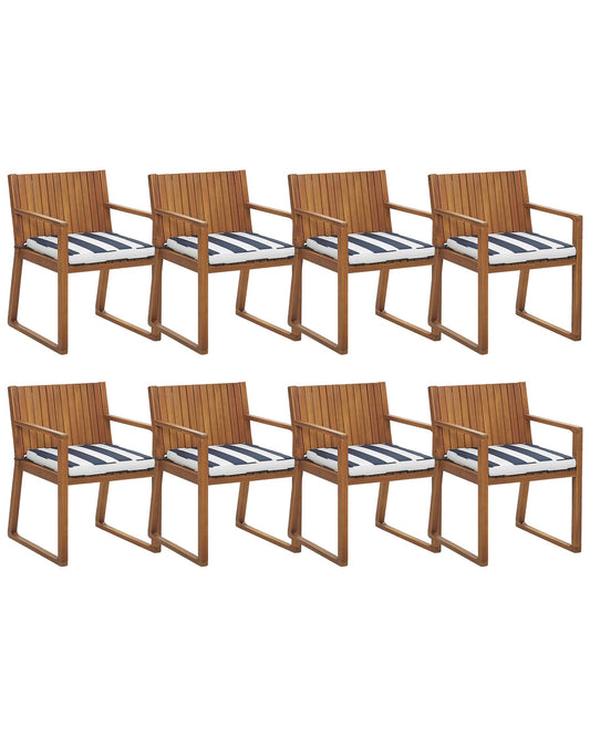 Set of 8 Garden Chairs with Cushions SASSARI Acacia Wood Navy Blue
