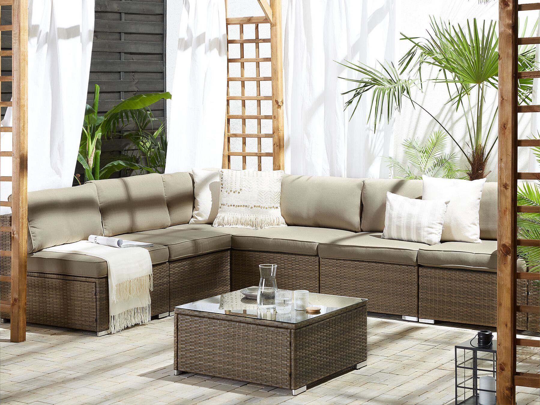 Garden Corner Sofa with Table 6 Seater Rattan Brown