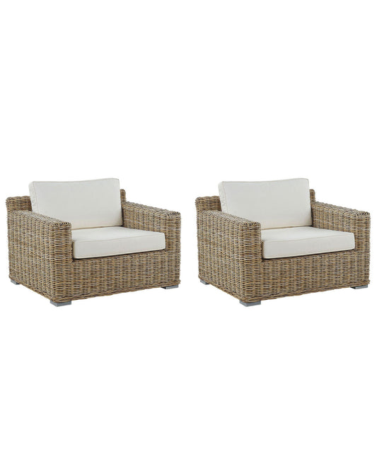 Set of 2 Garden Armchairs Rattan Light Brown