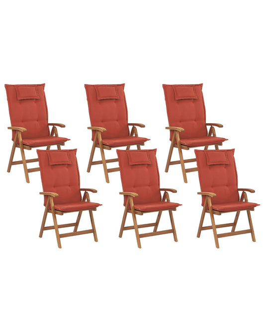 Set of 6 Garden Chairs with Cushions JAVA Acacia Wood Dark Red
