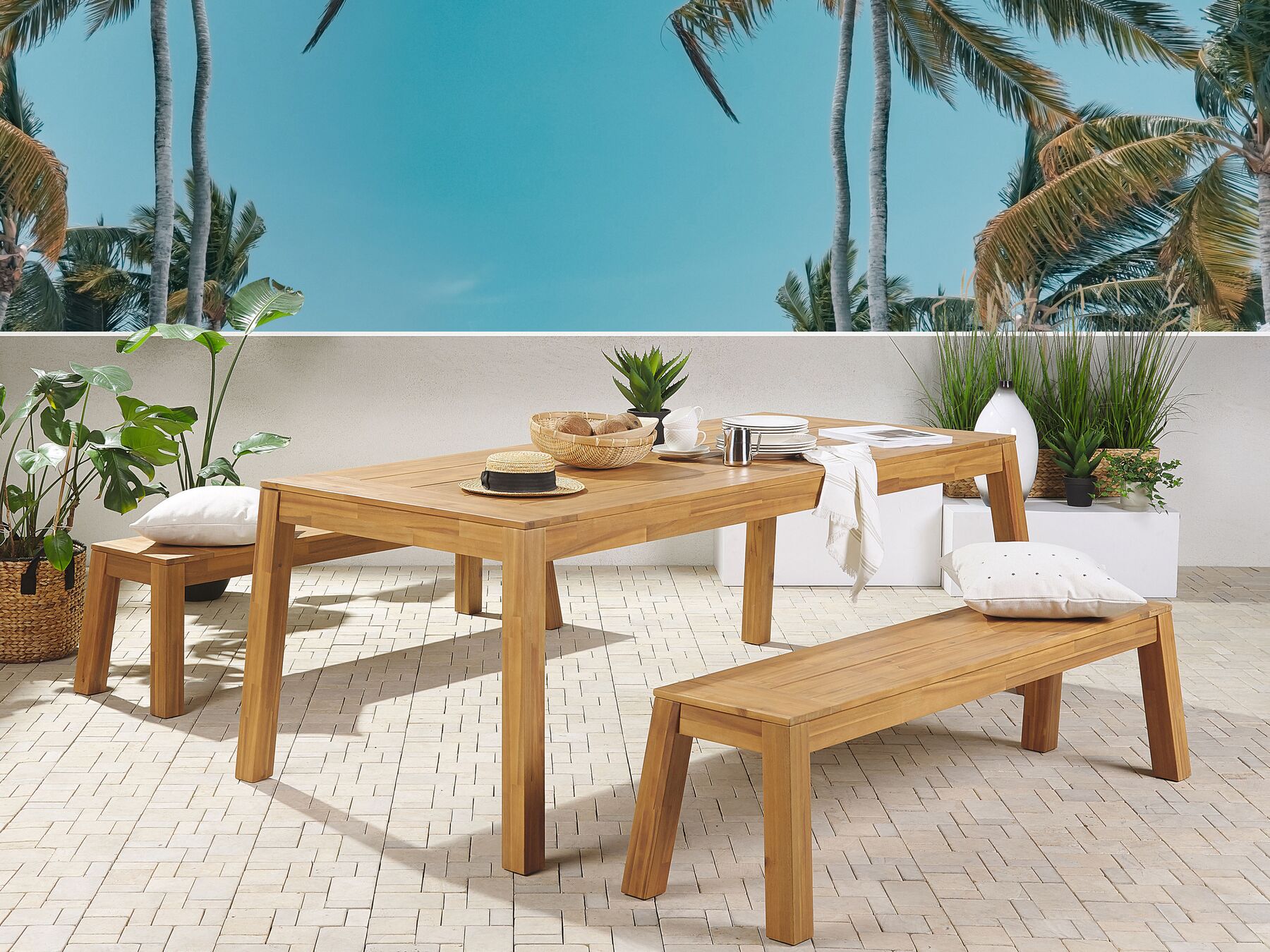 Garden Dining Set with Benches 6 Seater LIVORNO Acacia Wood Brown