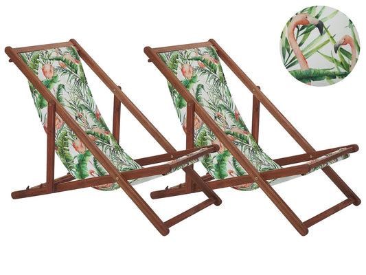Set of 2 Acacia Folding Deck Chairs and 2 Replacement Fabrics Dark Wood with Off-White / Flamingo Pattern ANZIO