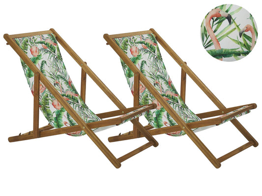 Set of 2 Acacia Folding Deck Chairs and 2 Replacement Fabrics Light Wood with Off-White / Flamingo Pattern ANZIO
