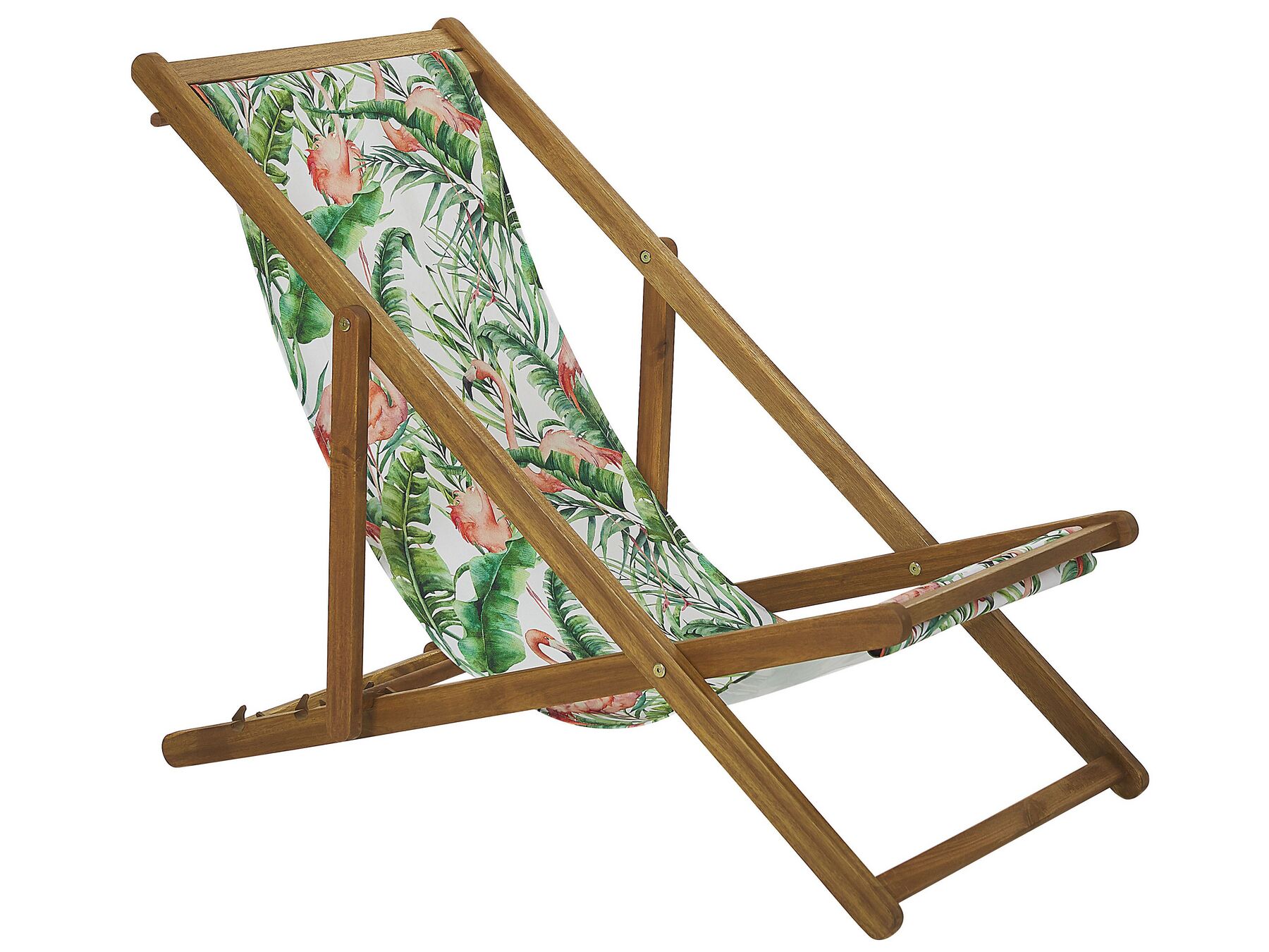 Set of 2 Acacia Folding Deck Chairs and 2 Replacement Fabrics Light Wood with Off-White / Flamingo Pattern ANZIO
