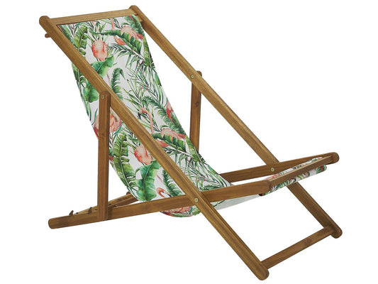 Set of 2 Acacia Folding Deck Chairs and 2 Replacement Fabrics Light Wood with Off-White / Flamingo Pattern ANZIO
