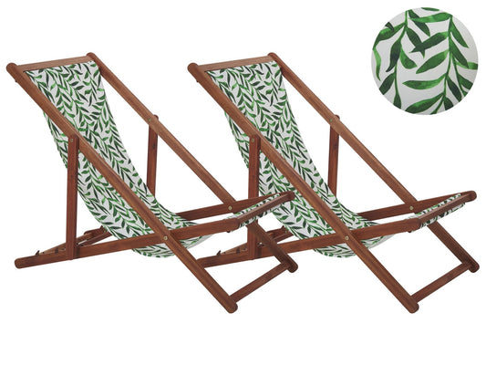 Set of 2 Acacia Folding Deck Chairs and 2 Replacement Fabrics Light Wood with Off-White / Leaf Pattern ANZIO