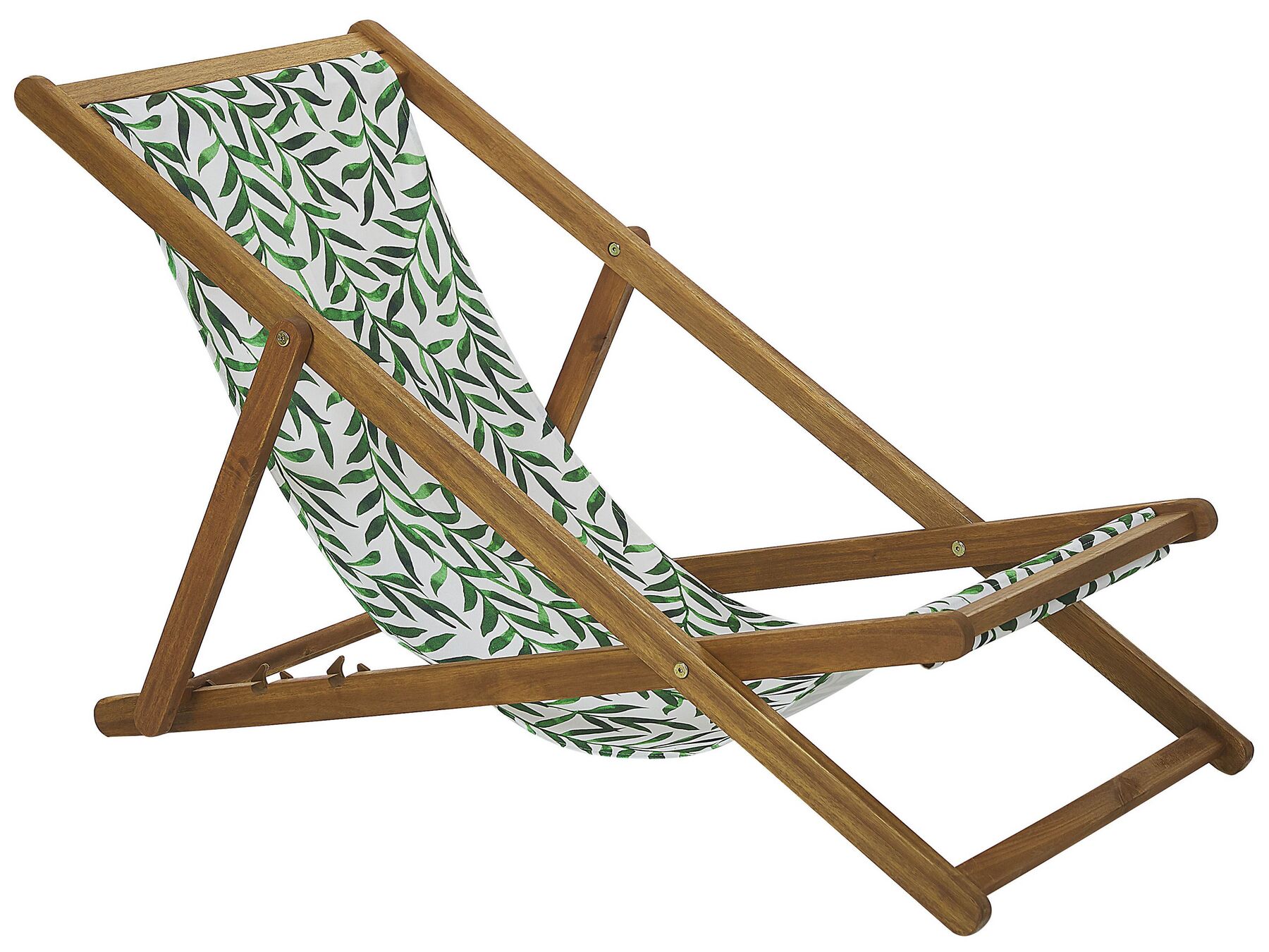 Set of 2 Acacia Folding Deck Chairs and 2 Replacement Fabrics Light Wood with Off-White / Leaf Pattern ANZIO