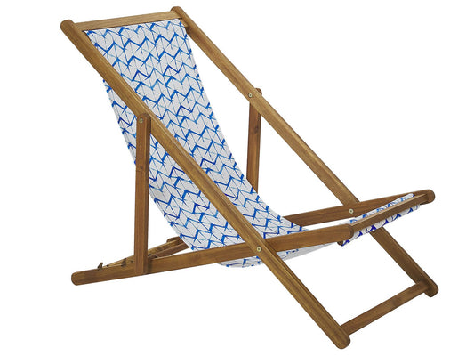 Set of 2 Acacia Folding Deck Chairs and 2 Replacement Fabrics Light Wood with Off-White / White and Blue Pattern ANZIO
