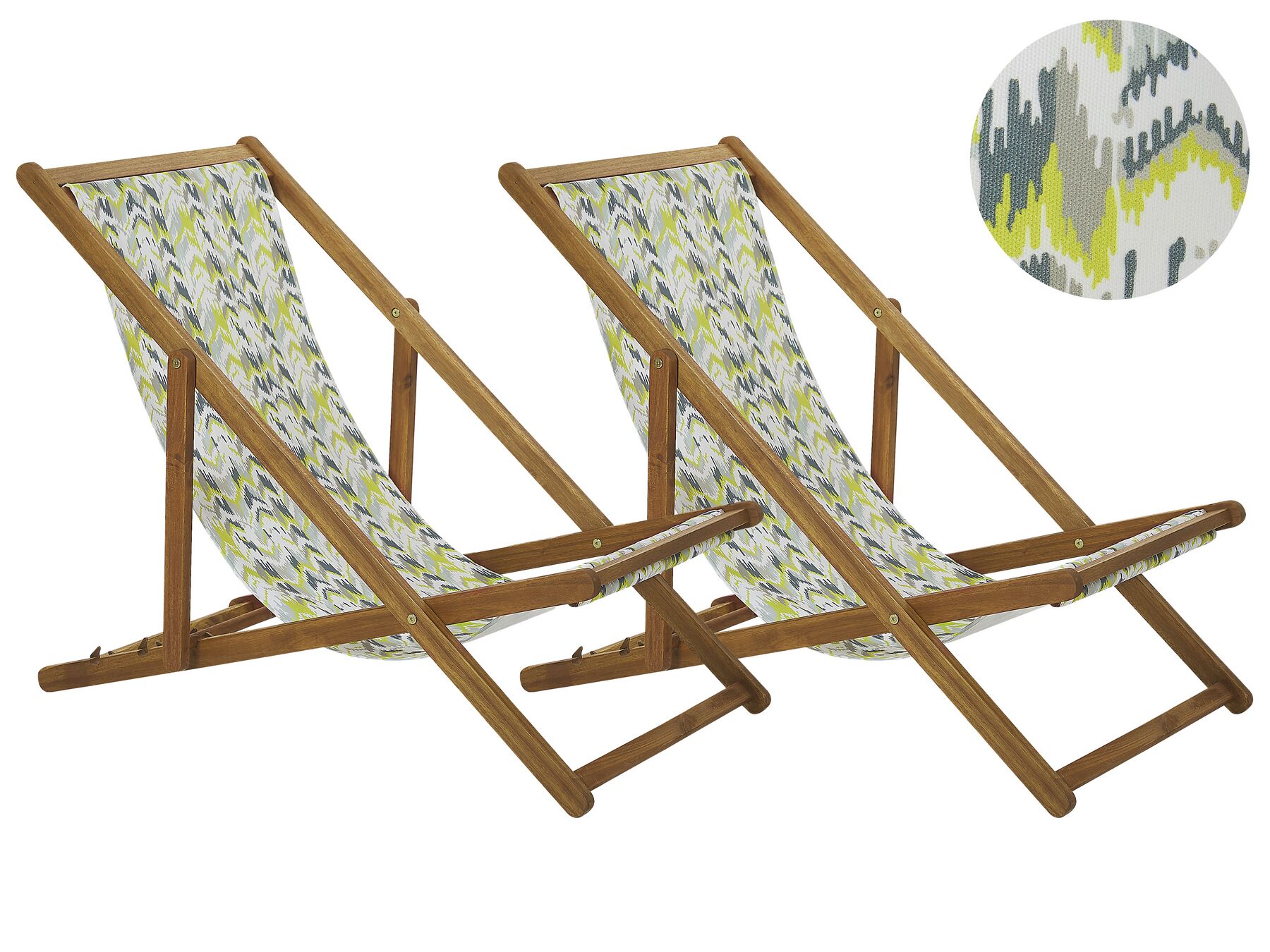 Set of 2 Acacia Folding Deck Chairs and 2 Replacement Fabrics Light Wood with Off-White / Yellow and Grey Pattern ANZIO