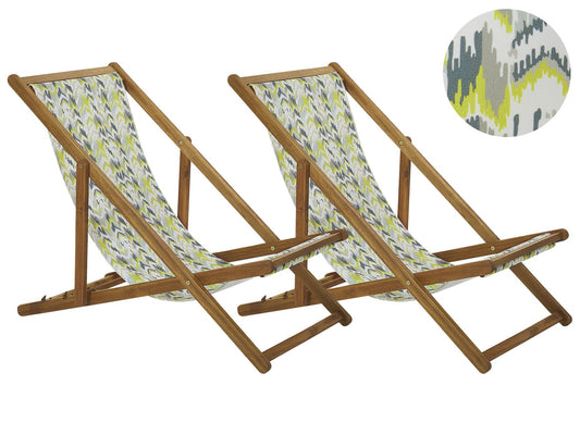Set of 2 Acacia Folding Deck Chairs and 2 Replacement Fabrics Light Wood with Off-White / Yellow and Grey Pattern ANZIO