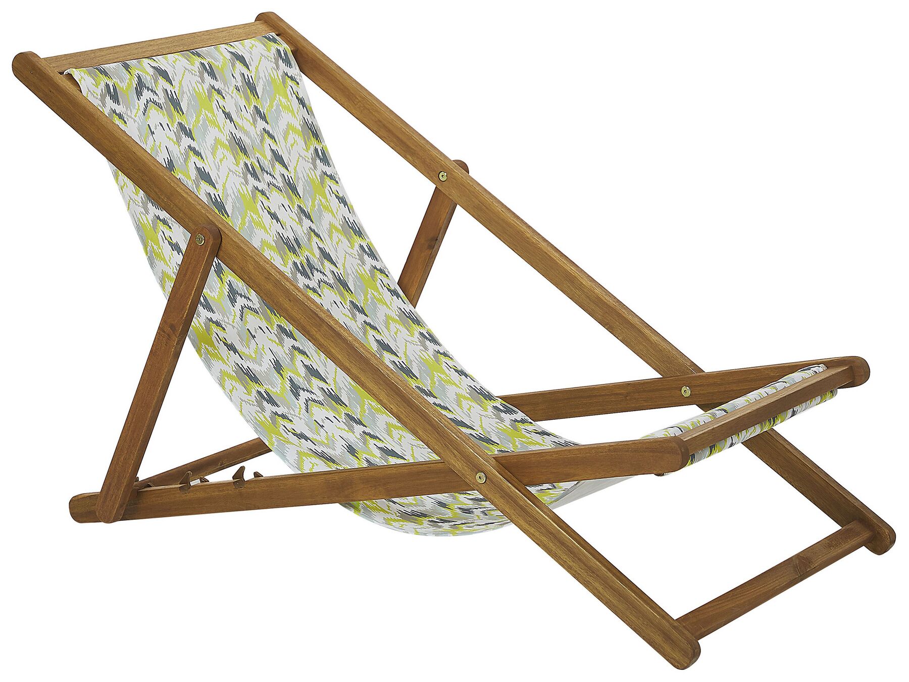 Set of 2 Acacia Folding Deck Chairs and 2 Replacement Fabrics Light Wood with Off-White / Yellow and Grey Pattern ANZIO