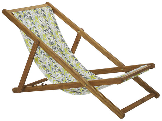 Set of 2 Acacia Folding Deck Chairs and 2 Replacement Fabrics Light Wood with Off-White / Yellow and Grey Pattern ANZIO