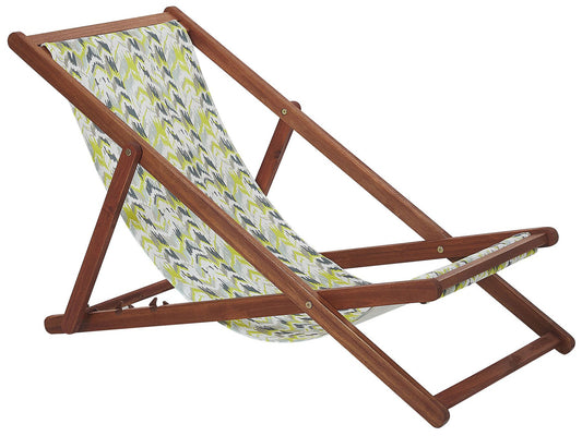 Set of 2 Acacia Folding Deck Chairs and 2 Replacement Fabrics Dark Wood with Off-White / Yellow and Grey Pattern ANZIO