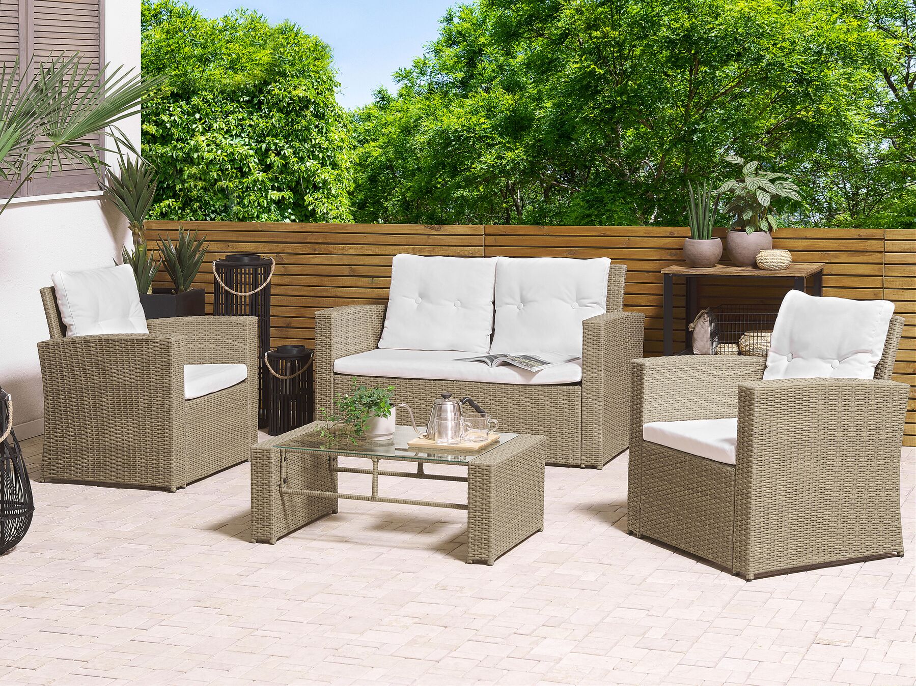Garden Lounge Set with Table 4 Seater LUCA PE Rattan Light Brown
