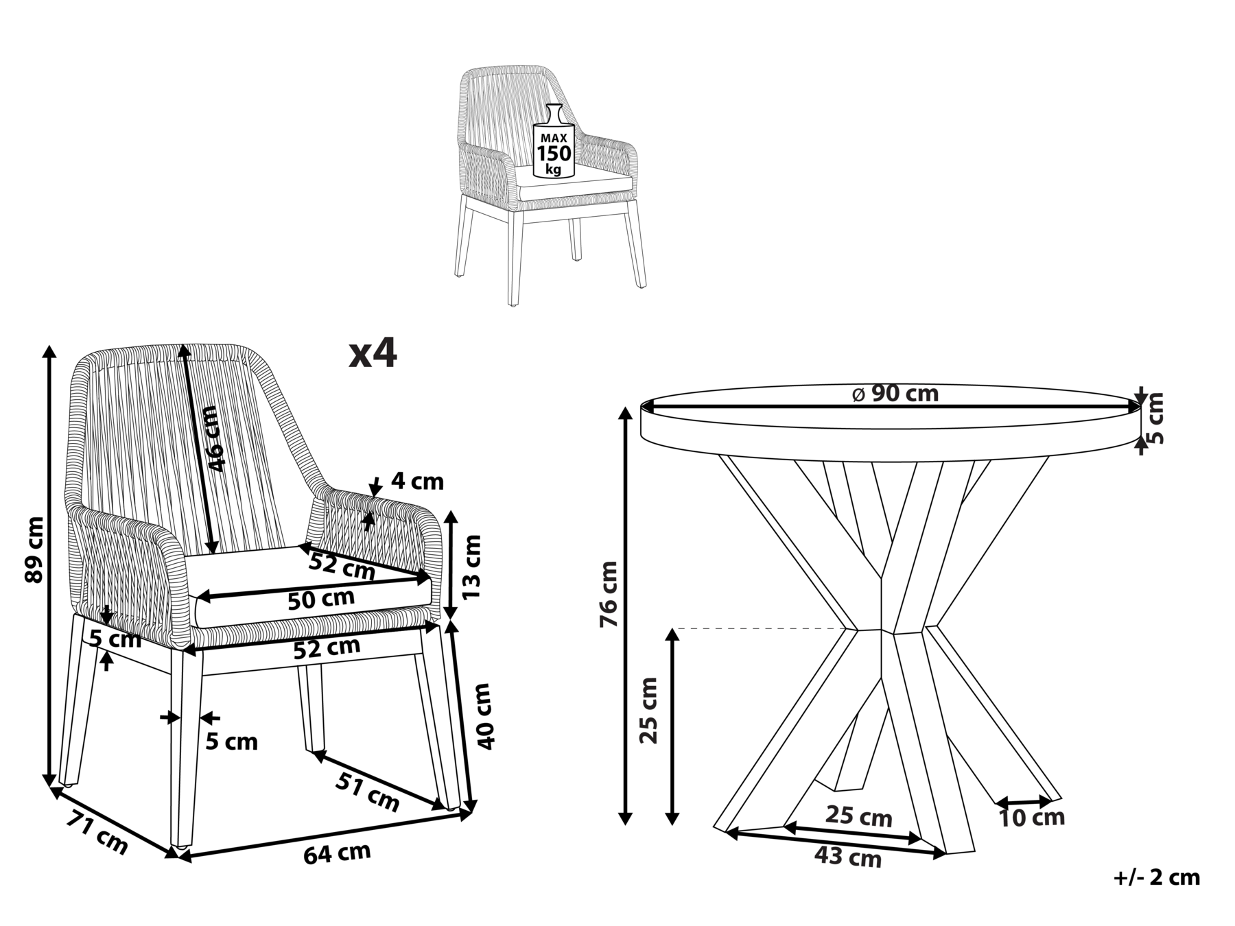 Garden Dining Set 4 Seater OLBIA with Cushions Concrete Black