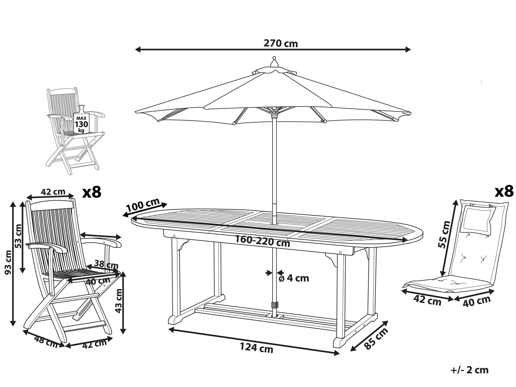 Garden Dining Set 8 Seater MAUI with Parasol Acacia Wood Taupe
