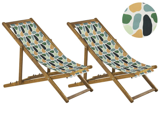 Set of 2 Acacia Folding Deck Chairs and 2 Replacement Fabrics Light Wood with Off-White / Multicolour Geometric Pattern ANZIO