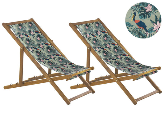 Set of 2 Acacia Folding Deck Chairs and 2 Replacement Fabrics Light Wood with Off-White / Pelican Pattern ANZIO