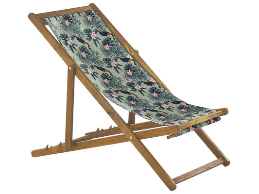 Set of 2 Acacia Folding Deck Chairs and 2 Replacement Fabrics Light Wood with Off-White / Pelican Pattern ANZIO