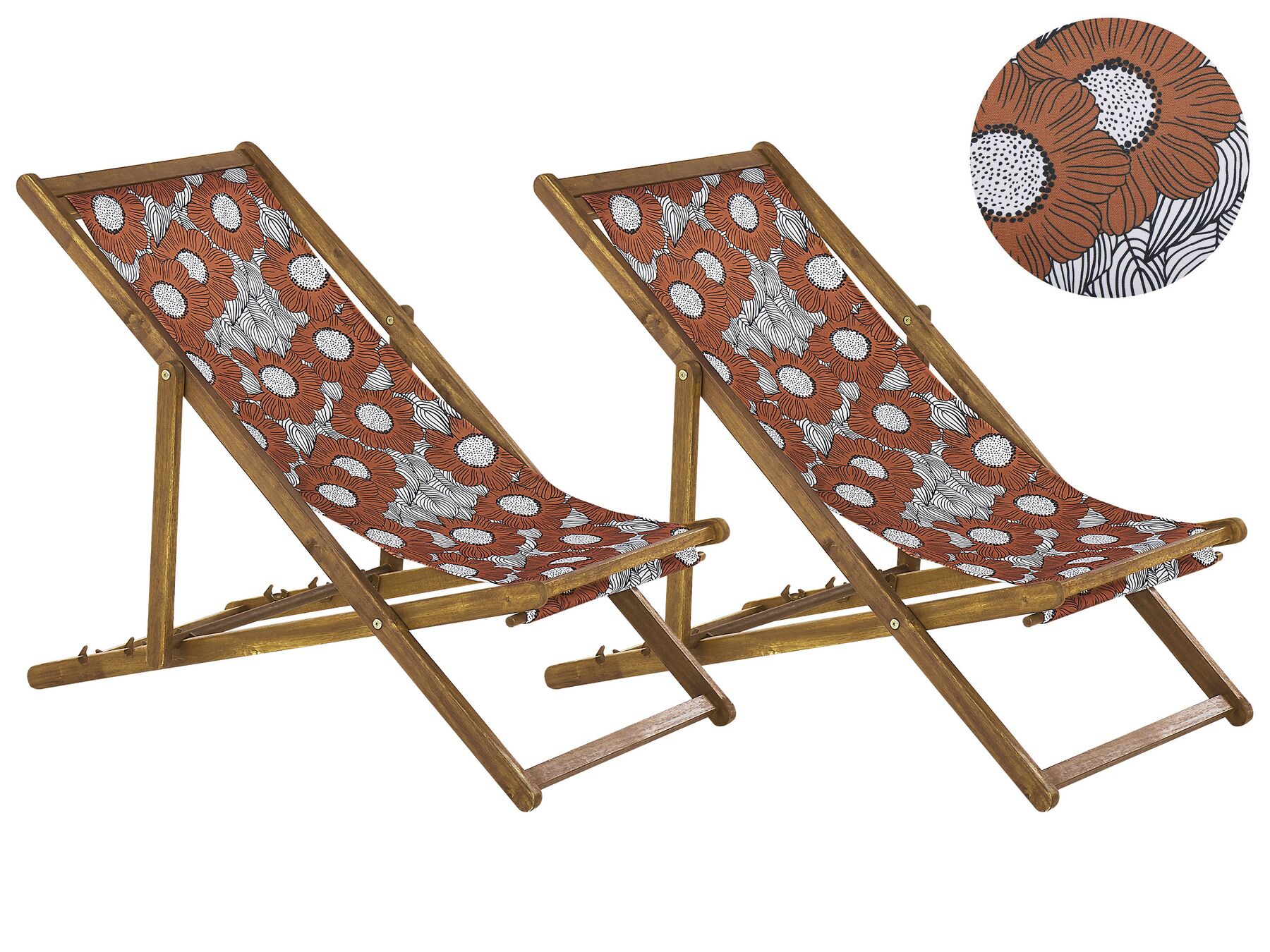 Set of 2 Folding Deck Chairs ANZIO Floral Motif with Replacement Fabrics Acacia Wood Light Brown
