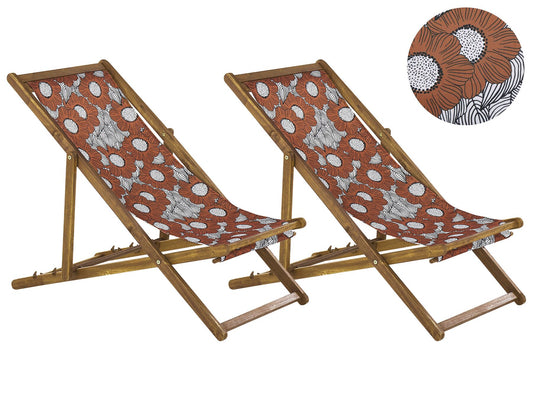 Set of 2 Folding Deck Chairs ANZIO Floral Motif with Replacement Fabrics Acacia Wood Light Brown