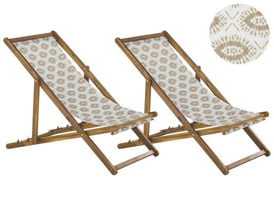 Set of 2 Folding Deck Chairs ANZIO Abstract Motif with Replacement Fabrics Acacia Wood Light Brown