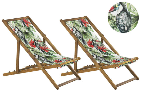 Set of 2 Acacia Folding Deck Chairs and 2 Replacement Fabrics Light Wood with Off-White / Toucan Pattern ANZIO