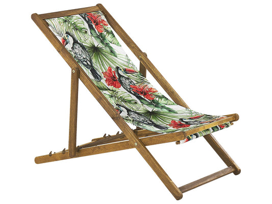 Set of 2 Acacia Folding Deck Chairs and 2 Replacement Fabrics Light Wood with Off-White / Toucan Pattern ANZIO