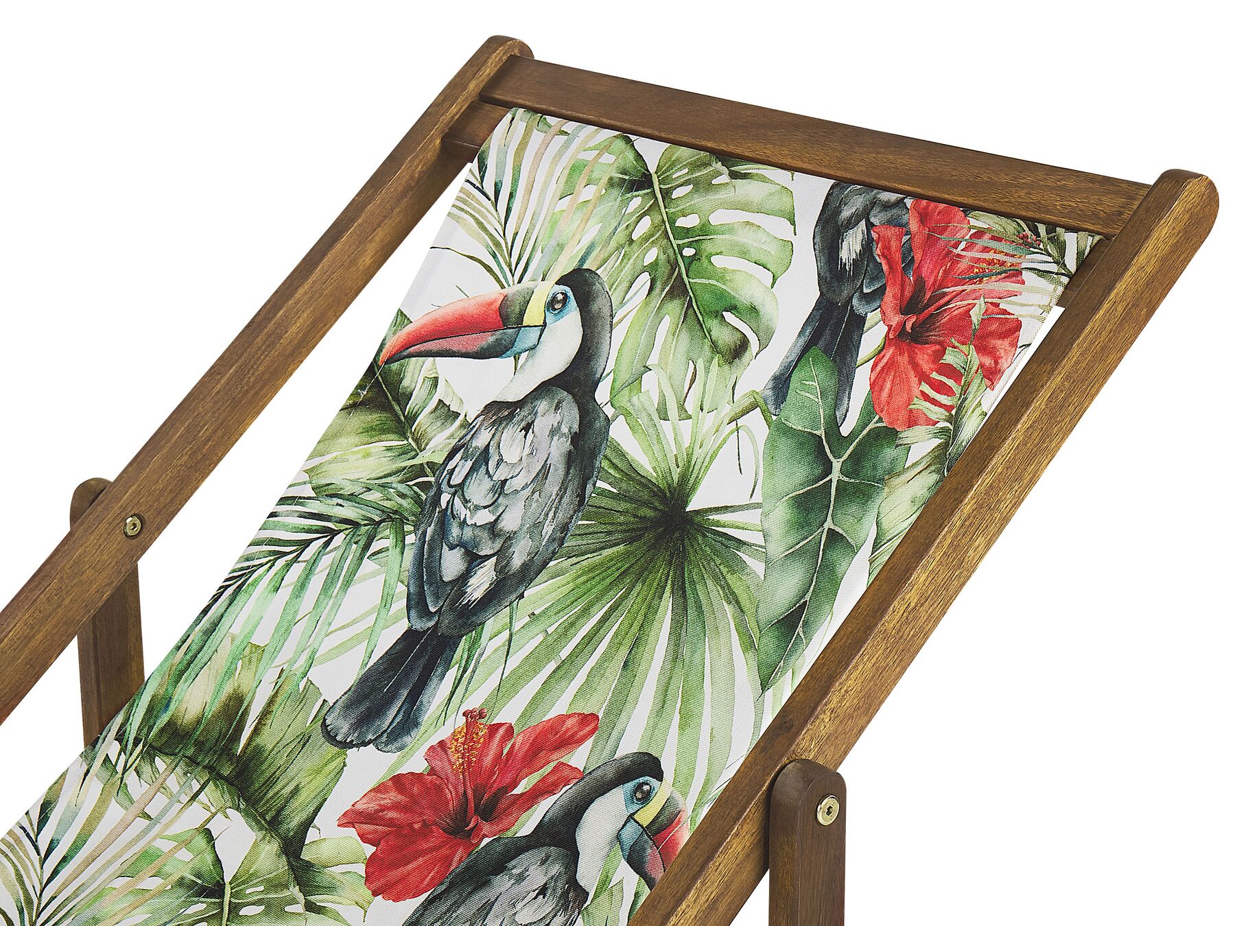 Set of 2 Acacia Folding Deck Chairs and 2 Replacement Fabrics Light Wood with Off-White / Toucan Pattern ANZIO