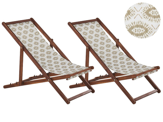 Set of 2 Folding Deck Chairs ANZIO Abstract Motif with Replacement Fabrics Acacia Wood Dark Brown