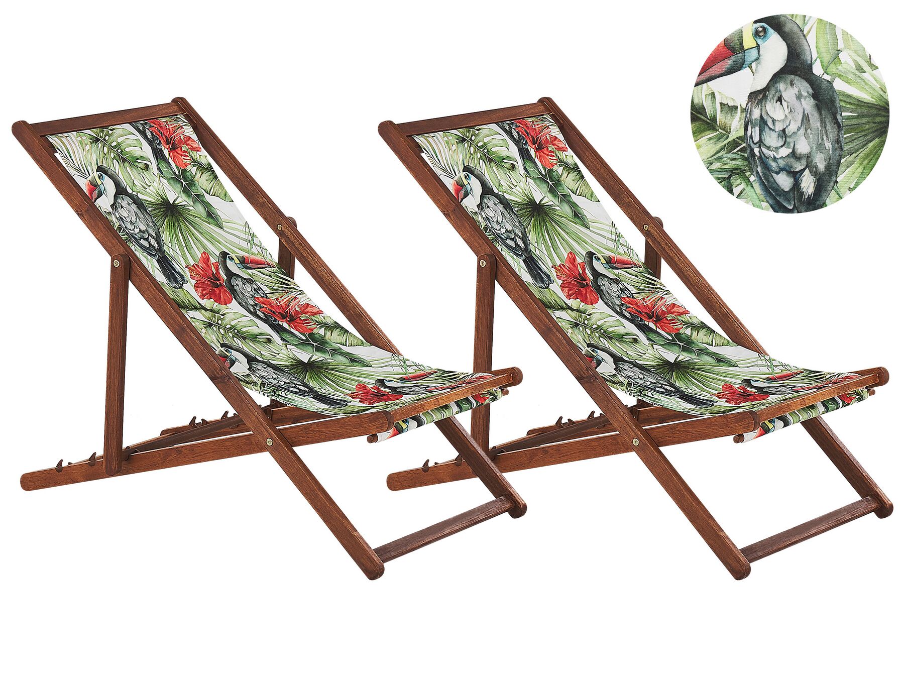 Set of 2 Folding Deck Chairs ANZIO Animal Motif with Replacement Fabrics Acacia Wood Dark Brown