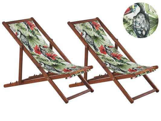 Set of 2 Folding Deck Chairs ANZIO Animal Motif with Replacement Fabrics Acacia Wood Dark Brown