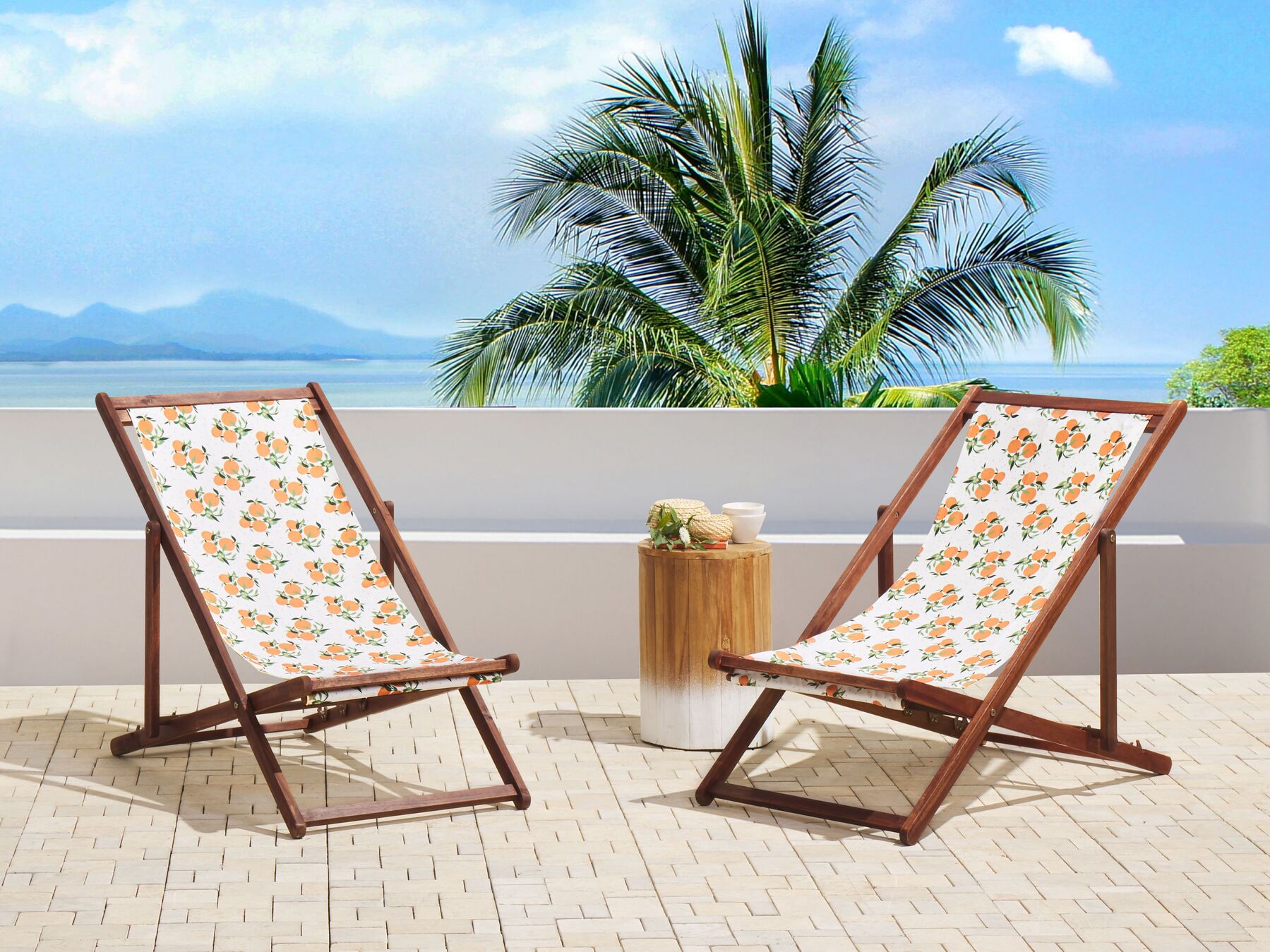 Set of 2 Folding Deck Chairs ANZIO Floral Motif with Replacement Fabrics Acacia Wood Dark Brown