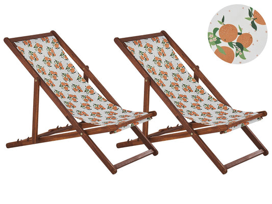 Set of 2 Folding Deck Chairs ANZIO Floral Motif with Replacement Fabrics Acacia Wood Dark Brown