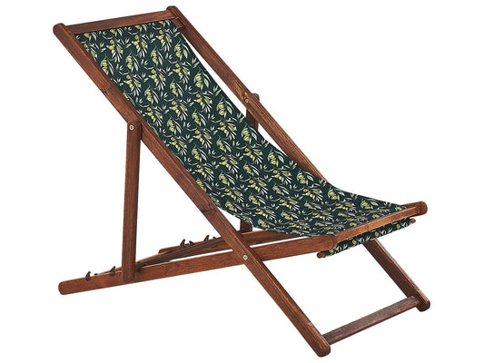 Set of 2 Acacia Folding Deck Chairs and 2 Replacement Fabrics Dark Wood with Off-White / Olives Pattern ANZIO