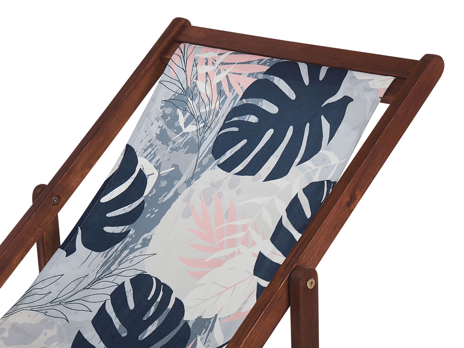 Set of 2 Acacia Folding Deck Chairs and 2 Replacement Fabrics Dark Wood with Off-White / Blue Palm Leaves Pattern ANZIO