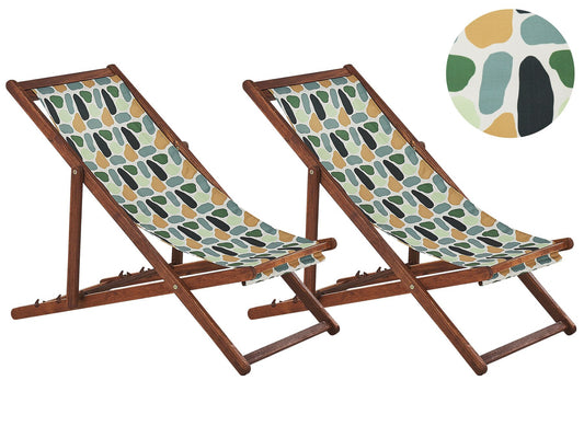 Set of 2 Acacia Folding Deck Chairs and 2 Replacement Fabrics Dark Wood with Off-White / Multicolour Geometric Pattern ANZIO