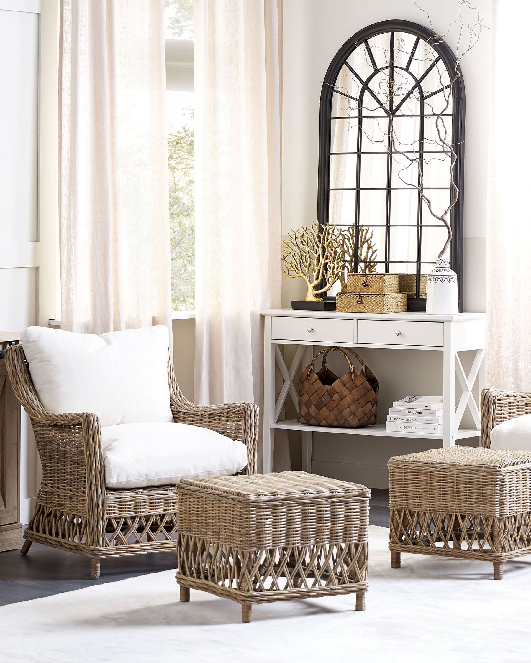 Set of 2 Garden Armchairs with Cushions RIBOLLA with Footstool Rattan Natural