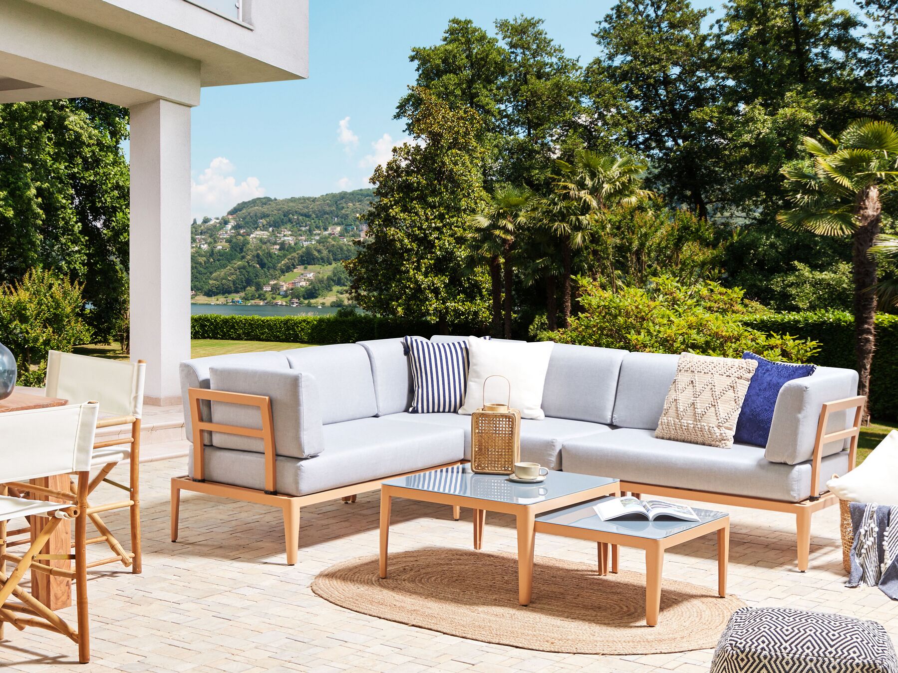 Garden Corner Sofa with Table 6 Seater RIMA III Left Hand Modular Metal Grey