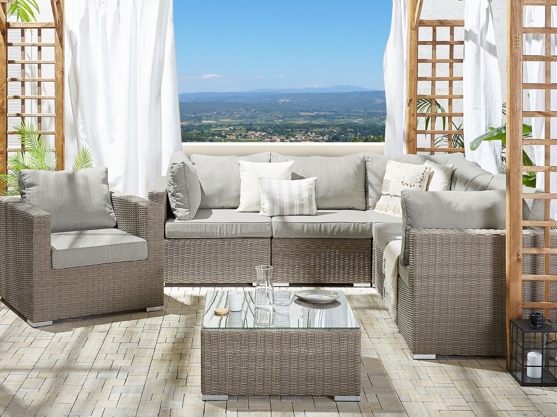 Garden Lounge Set with Table 6 Seater CONTARE Right Hand Modular PE Rattan Taupe