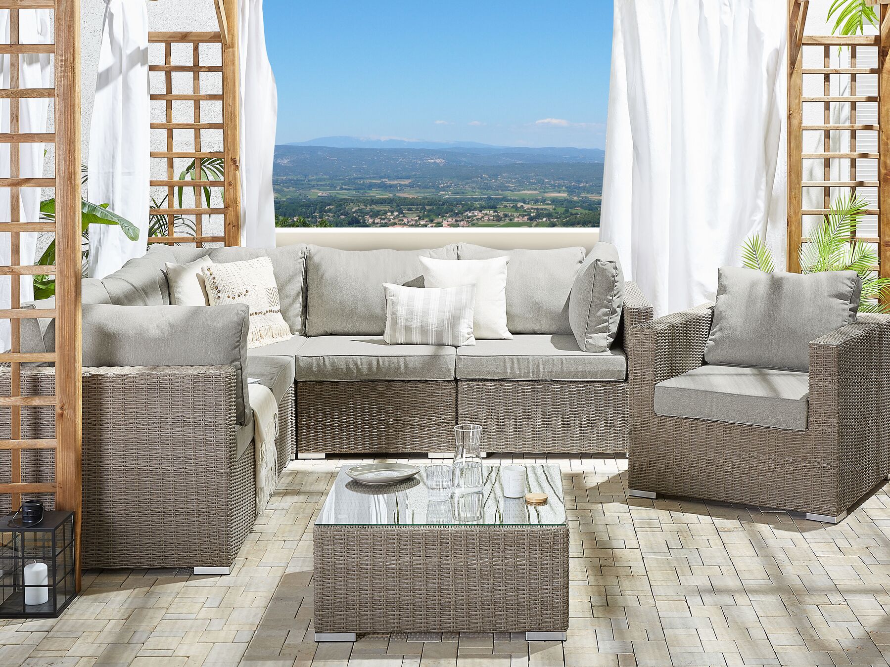 Garden Lounge Set with Table 6 Seater CONTARE Right Hand Modular PE Rattan Taupe