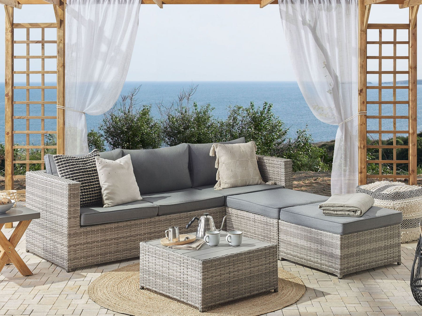 Garden Corner Sofa with Table 5 Seater SABBIA Right Hand Modular PE Rattan Light Grey