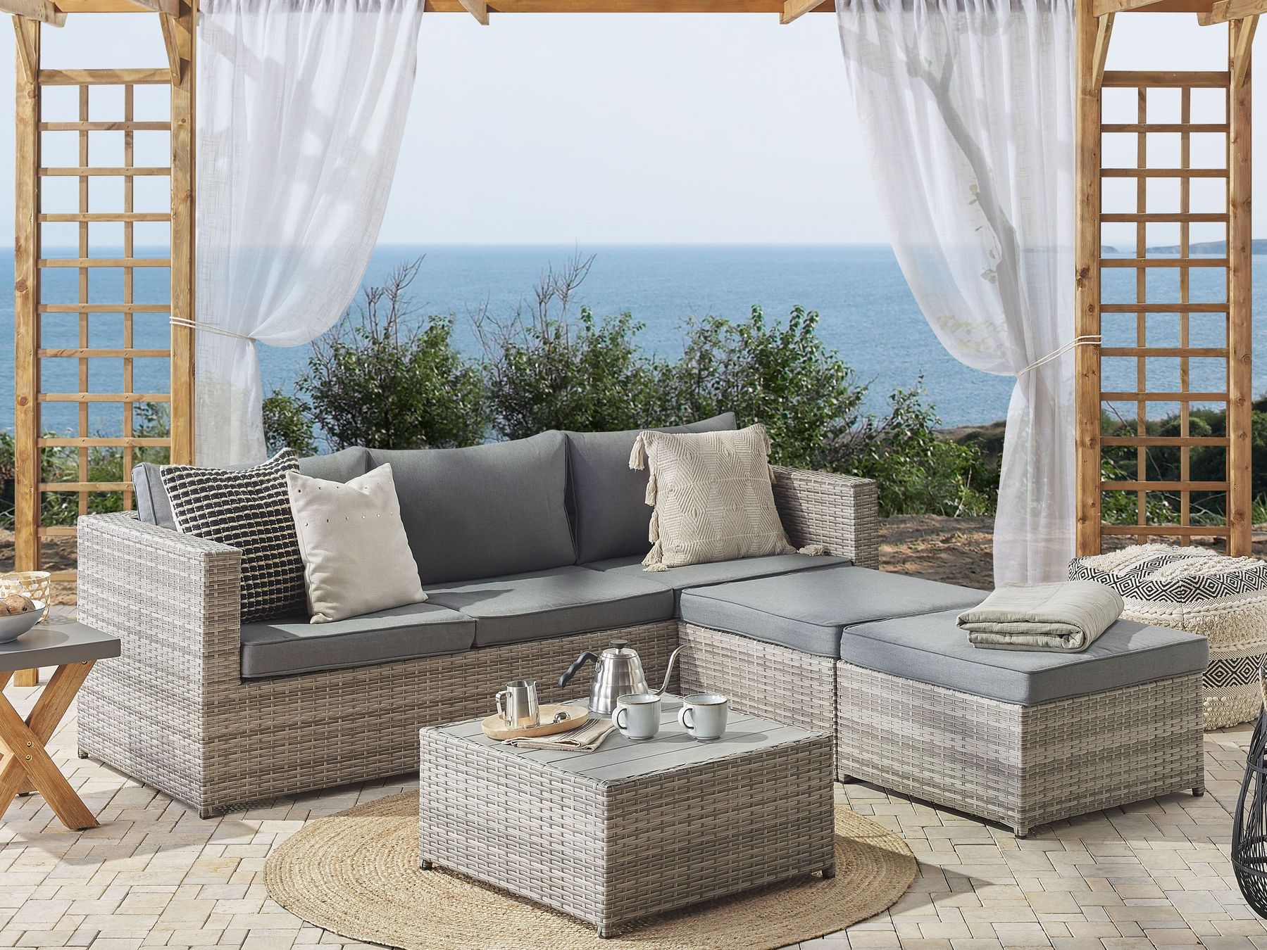 Garden Corner Sofa with Table 5 Seater SABBIA Right Hand Modular PE Rattan Light Grey