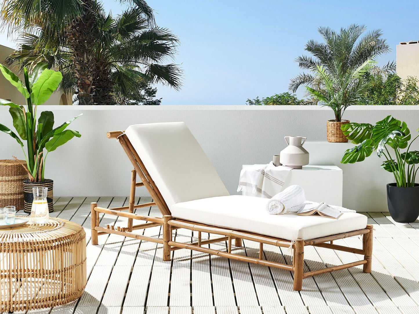Sun Lounger with Cushion LIGURE Reclining Bamboo Wood Brown